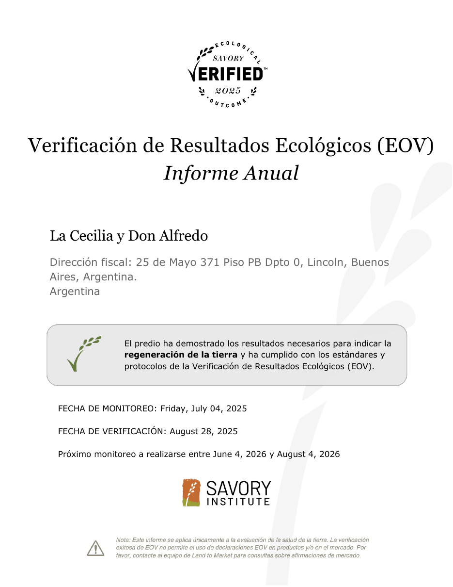 Certificado de Verificación de Resultados Ecológicos (EOV) de Savory Institute para La Cecilia y Don Alfredo, 2025