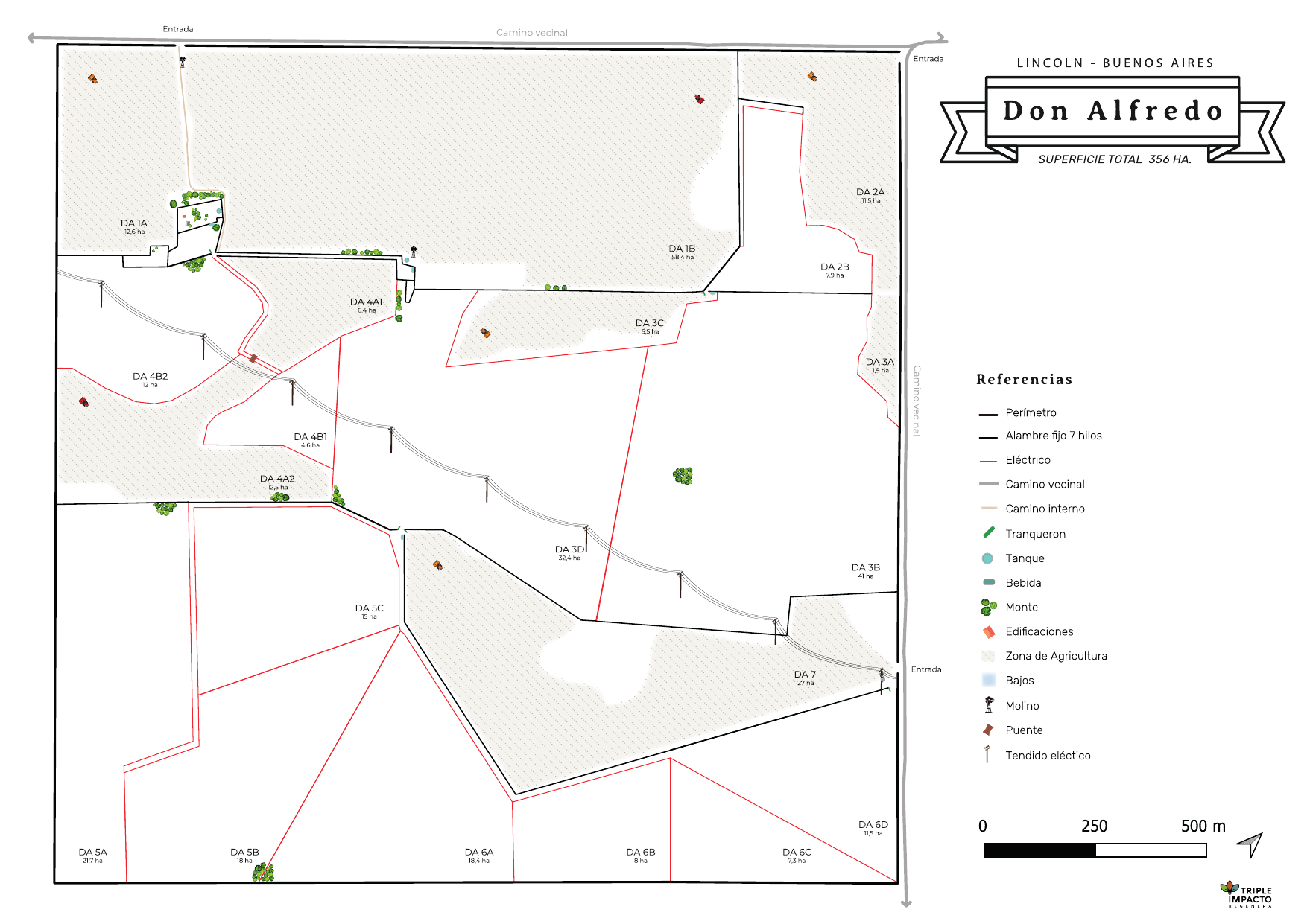 Plano del campo Don Alfredo: 356 hectáreas con potreros, montes y aguadas, en Lincoln, Buenos Aires