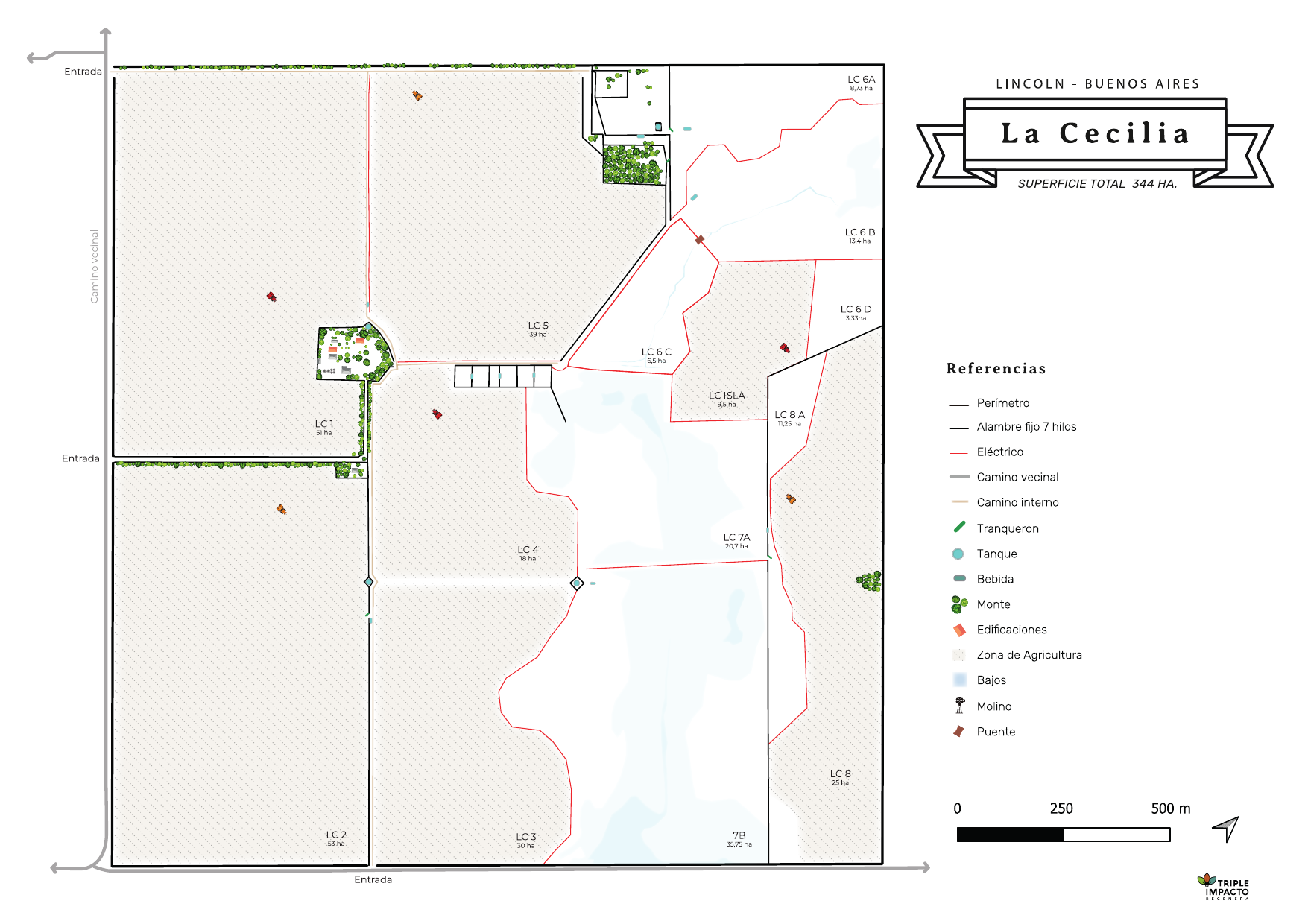 Plano del campo La Cecilia: 344 hectáreas con potreros, montes y aguadas, en Lincoln, Buenos Aires